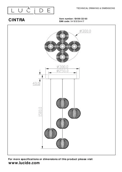Lucide CINTRA - Suspension - Ø 32 cm - LED Dim. - 5x4,7W 2700K - Transparent - technique